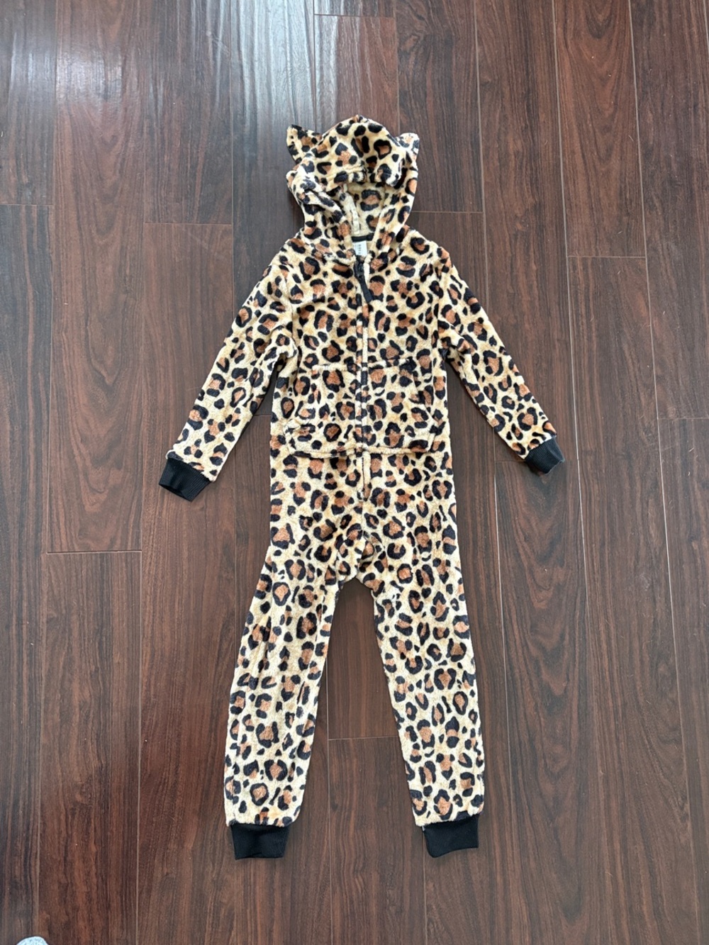 Leopard Print Fleece Girls (4/5)One-Piece Hooded Jumpsuit/Sleepwear